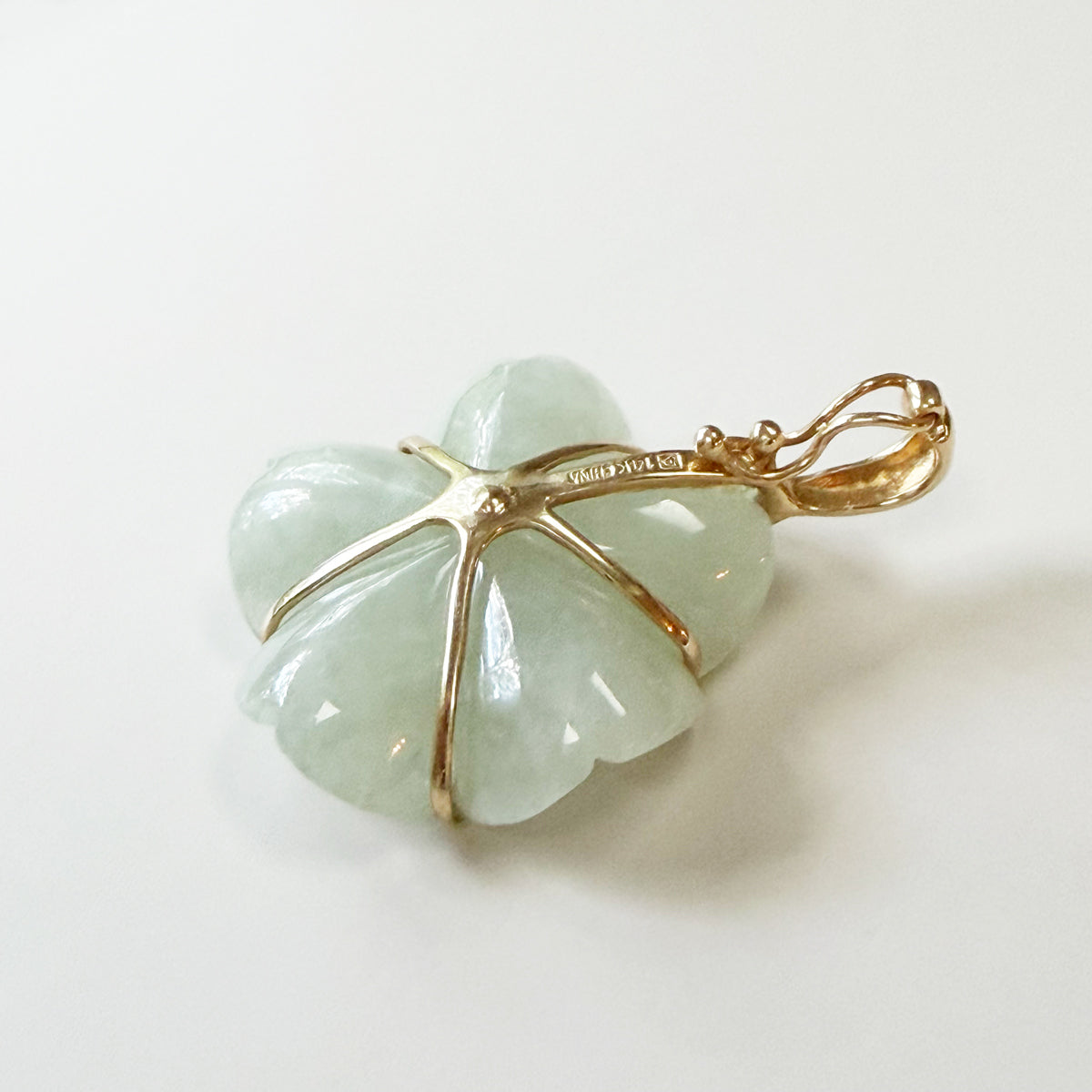 14K Gold Vintage Pale Green Jade Flower Charm