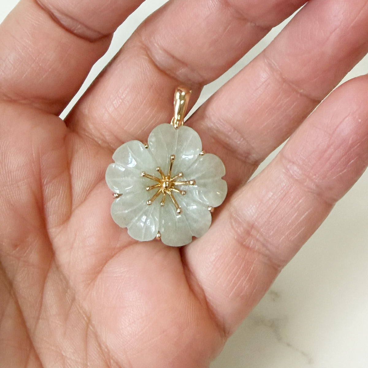 14K Gold Vintage Pale Green Jade Flower Charm