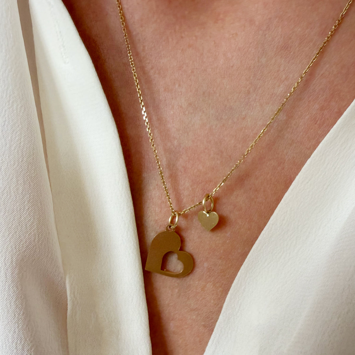 14K Yellow Gold Mother Daughter Heart Charm Set