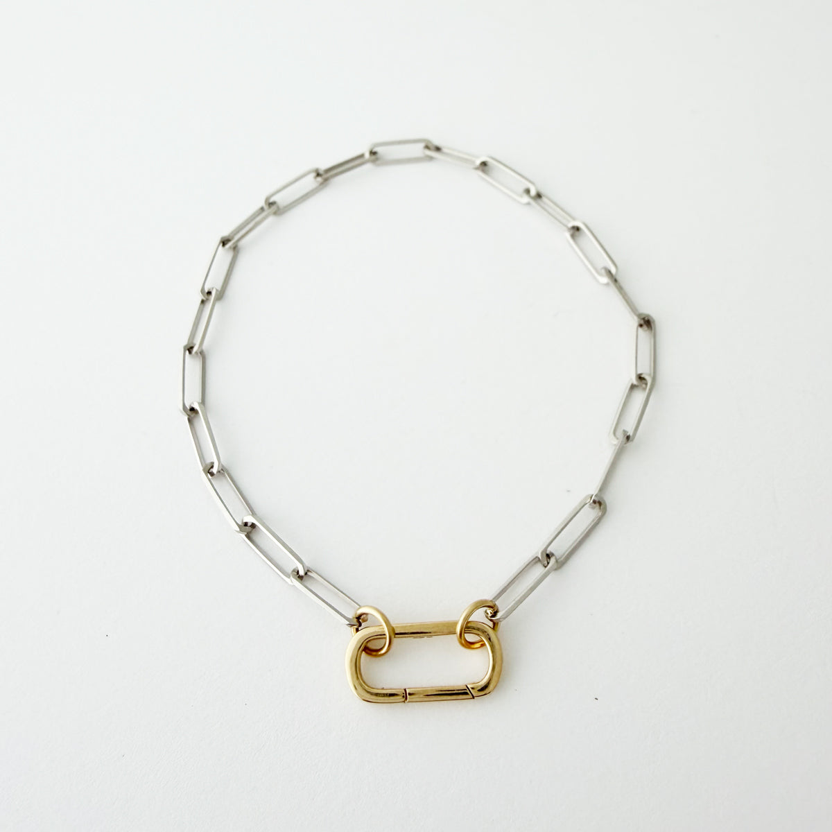 14K Two Tone Paperclip Chain Bracelet w/ Charm Holder 7.5"
