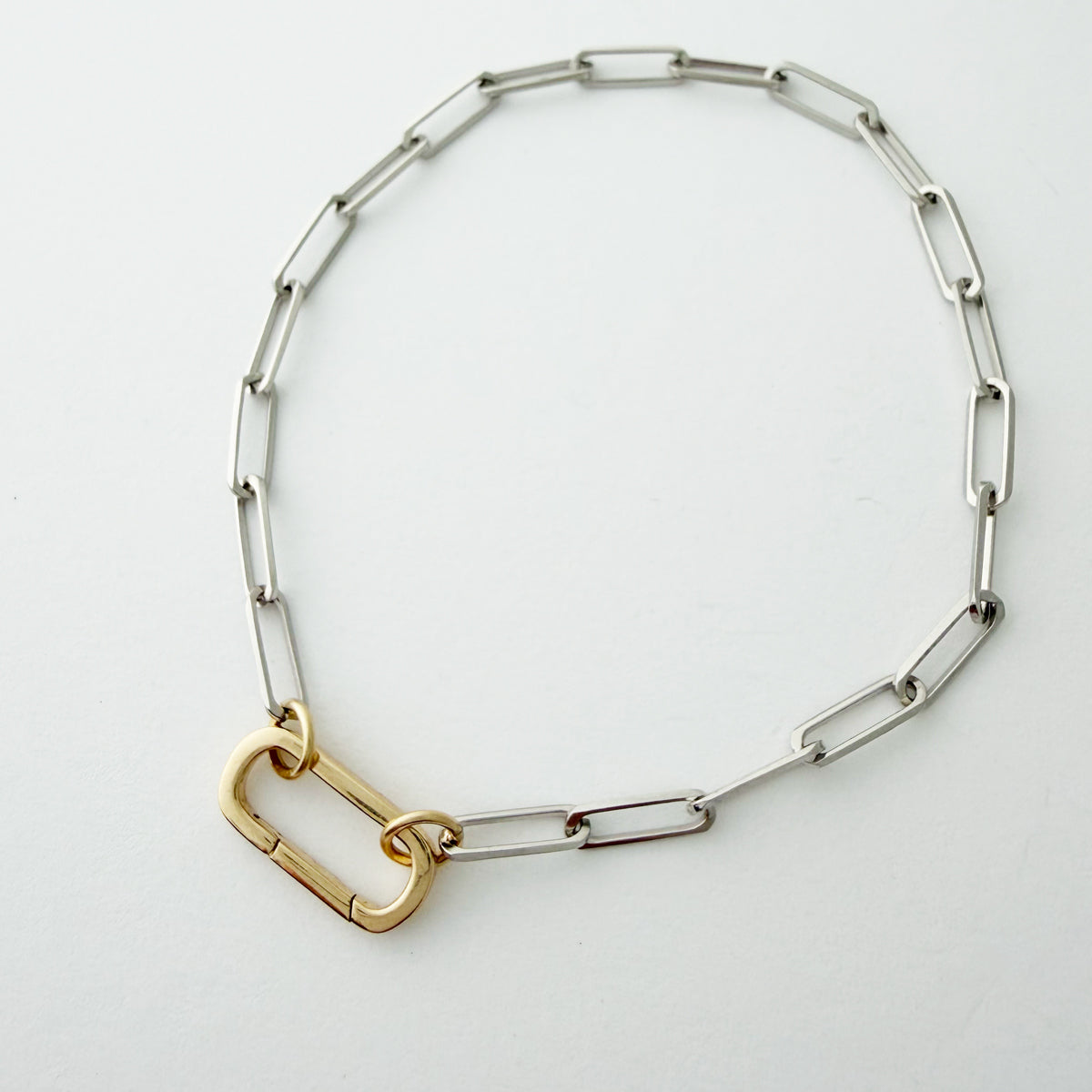 14K Two Tone Paperclip Chain Bracelet w/ Charm Holder 7.5"