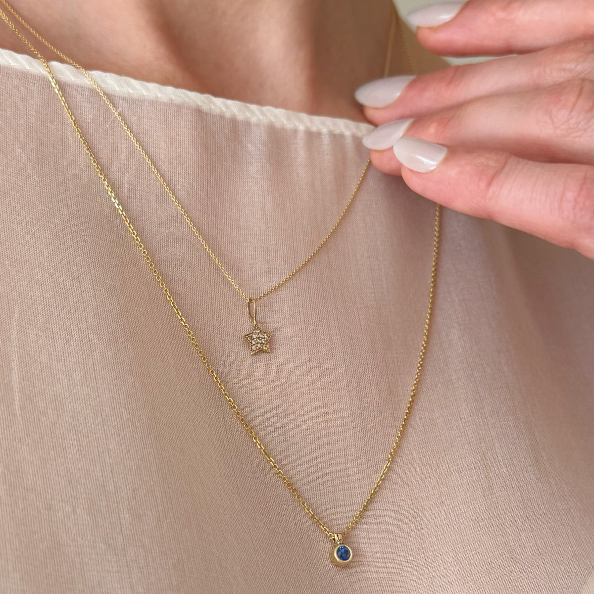 14K Yellow Gold Pave Star Necklace 16-18 inch