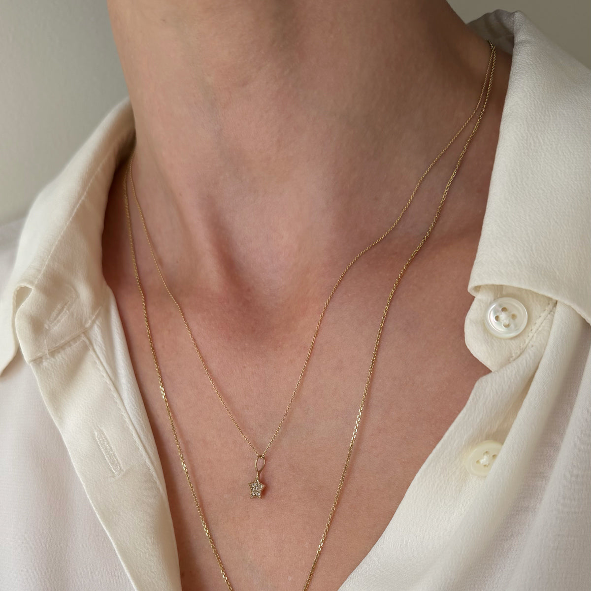 14K Yellow Gold Pave Star Necklace 16-18 inch