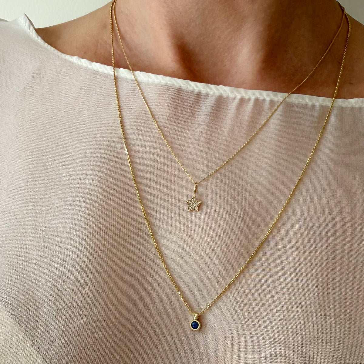 14K Yellow Gold Pave Star Necklace 16-18 inch