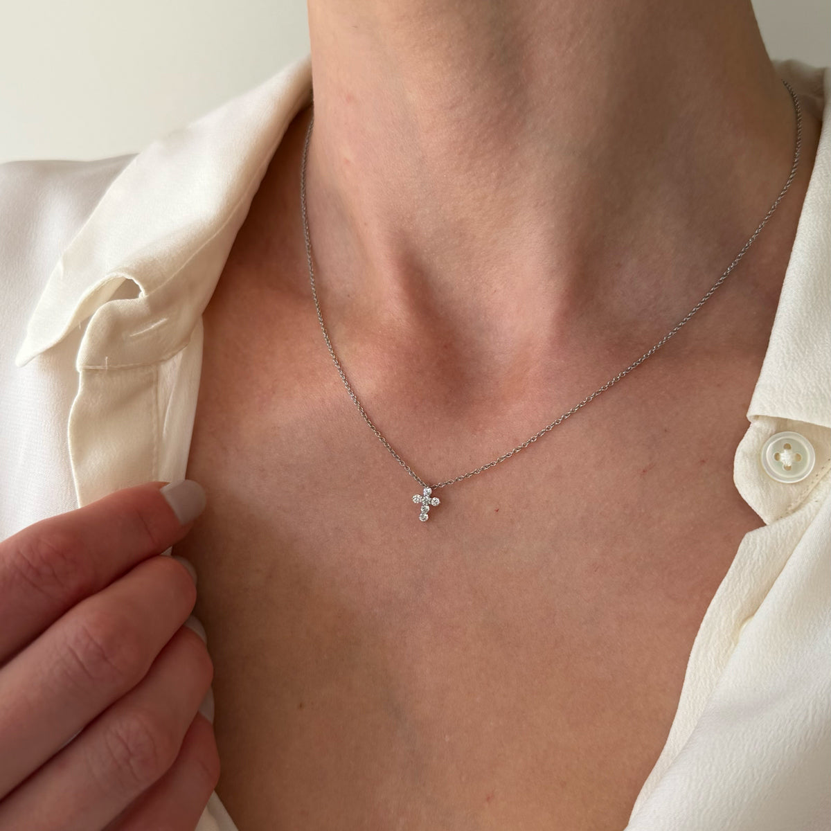 14K White Gold Petite Diamond Cross Necklace - 16 inch
