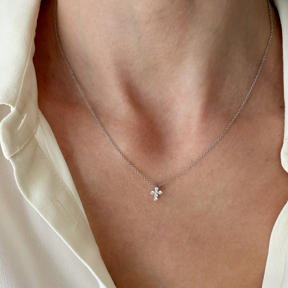 14K White Gold Petite Diamond Cross Necklace - 16 inch