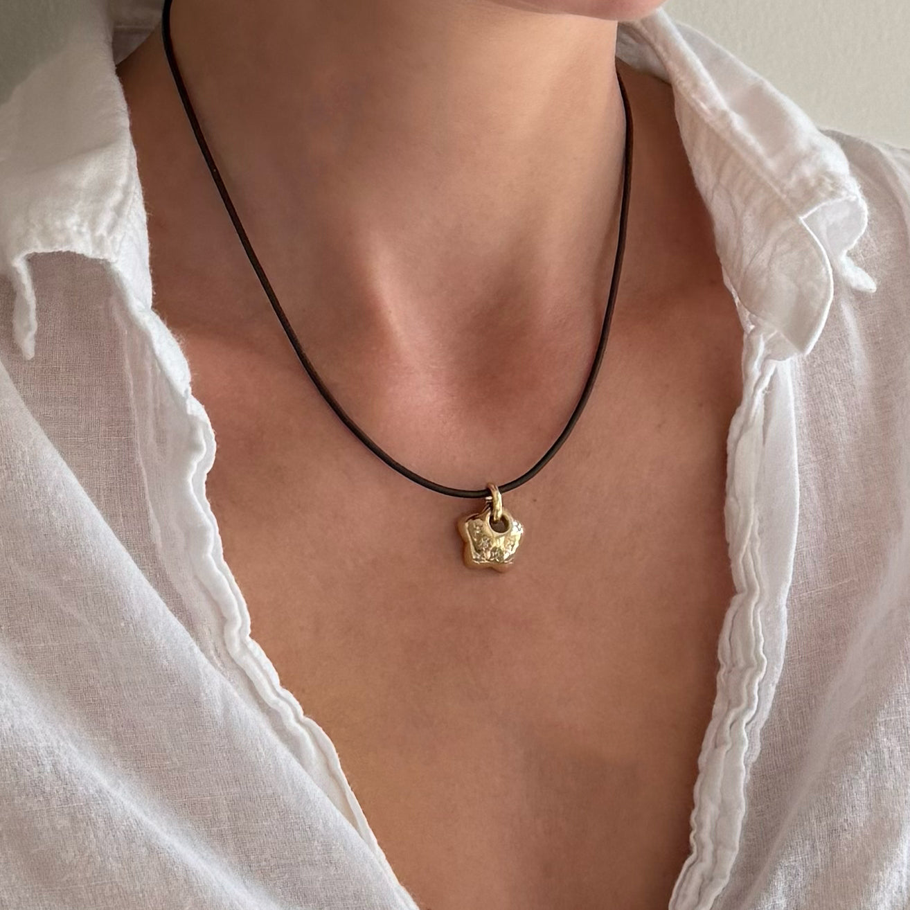 14K Yellow Gold Leather Cord and Puff Star with Diamonds Necklace - 16 inch