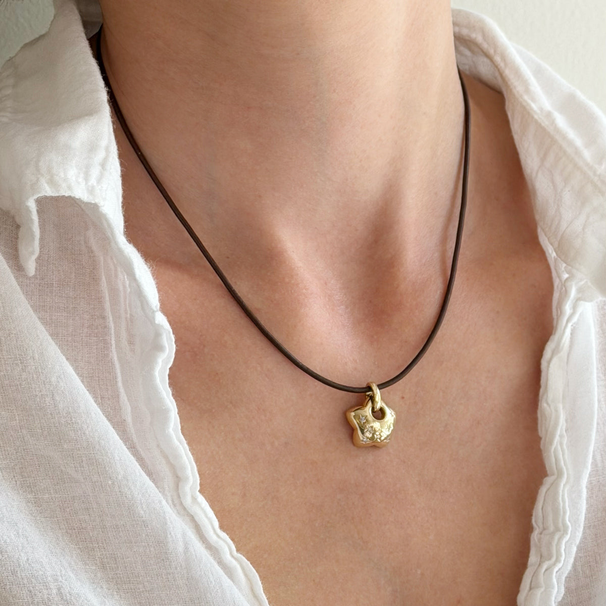 14K Yellow Gold Leather Cord and Puff Star with Diamonds Necklace - 16 inch