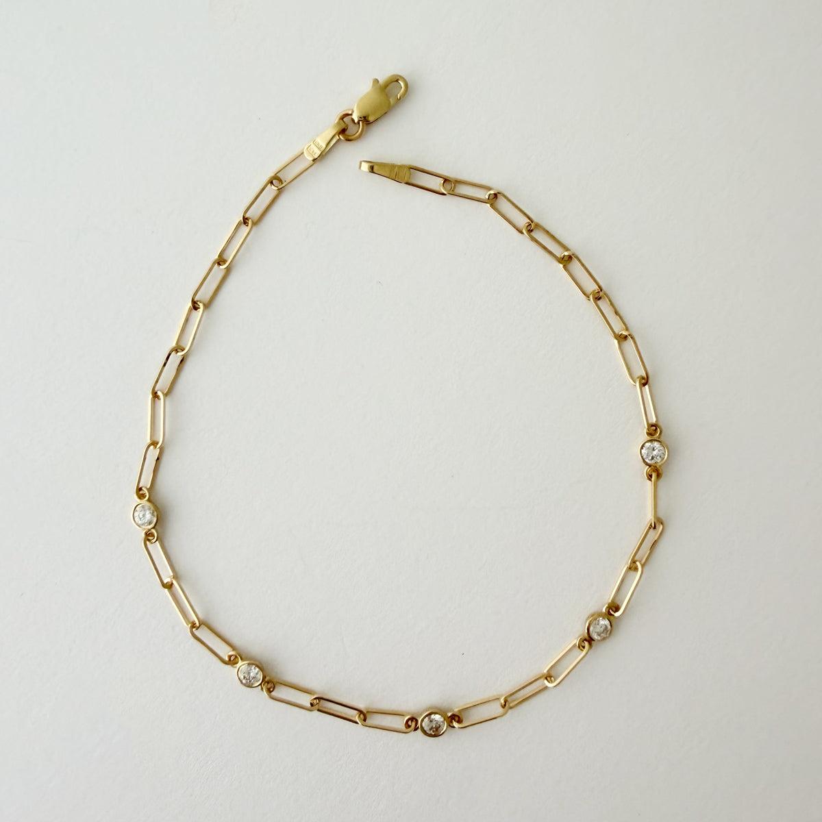 14K Gold Dainty Paper Clip Chain Diamond Bracelet - 7.5 inch