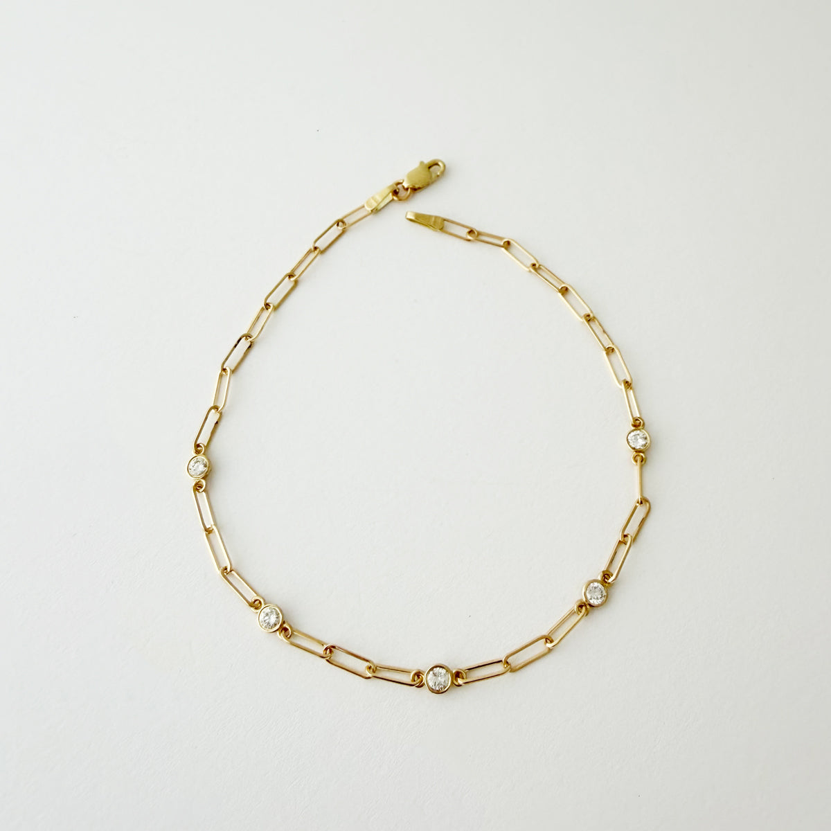 14K Gold Dainty Paper Clip Chain Diamond Bracelet - 7.5 inch