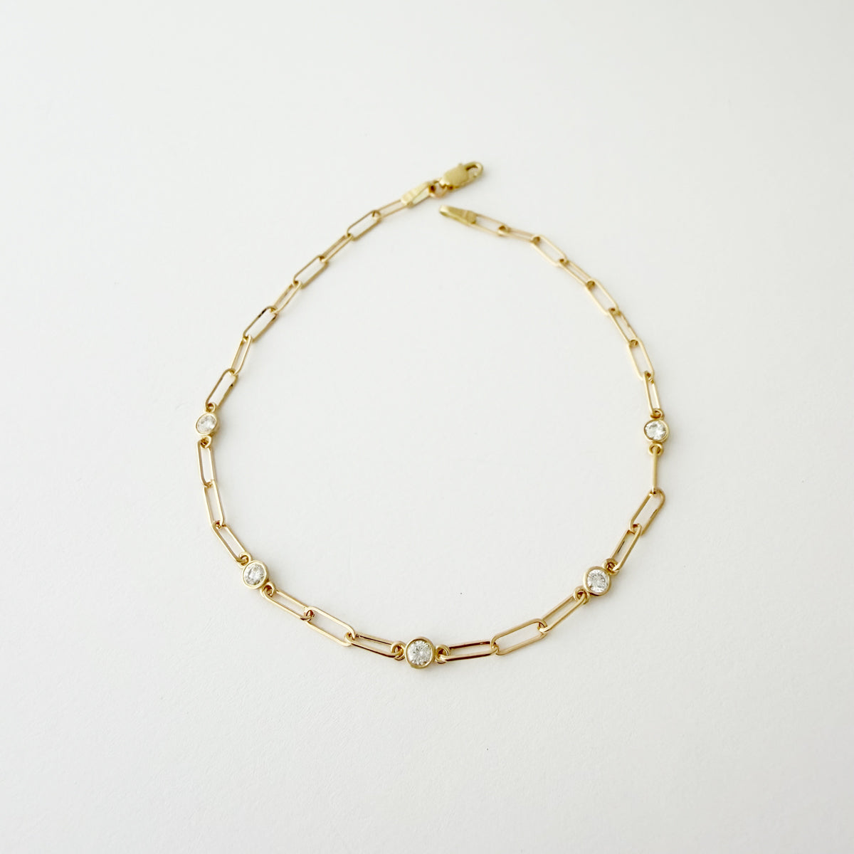 14K Gold Dainty Paper Clip Chain Diamond Bracelet - 7.5 inch