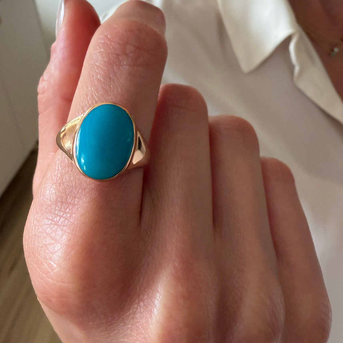 14K Rose Gold Turquoise Signet Ring - size 7