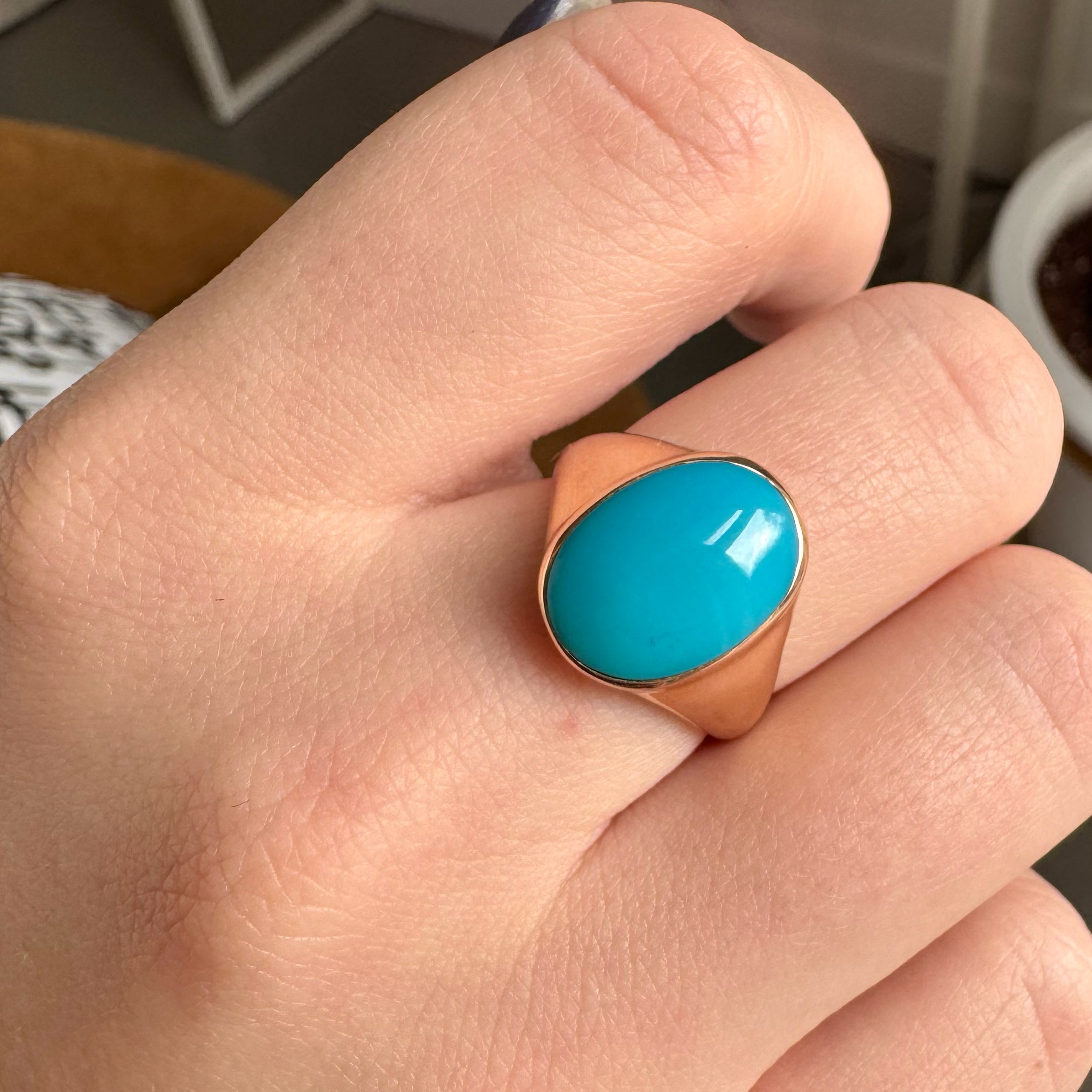 14K Rose Gold Turquoise Signet Ring - size 7