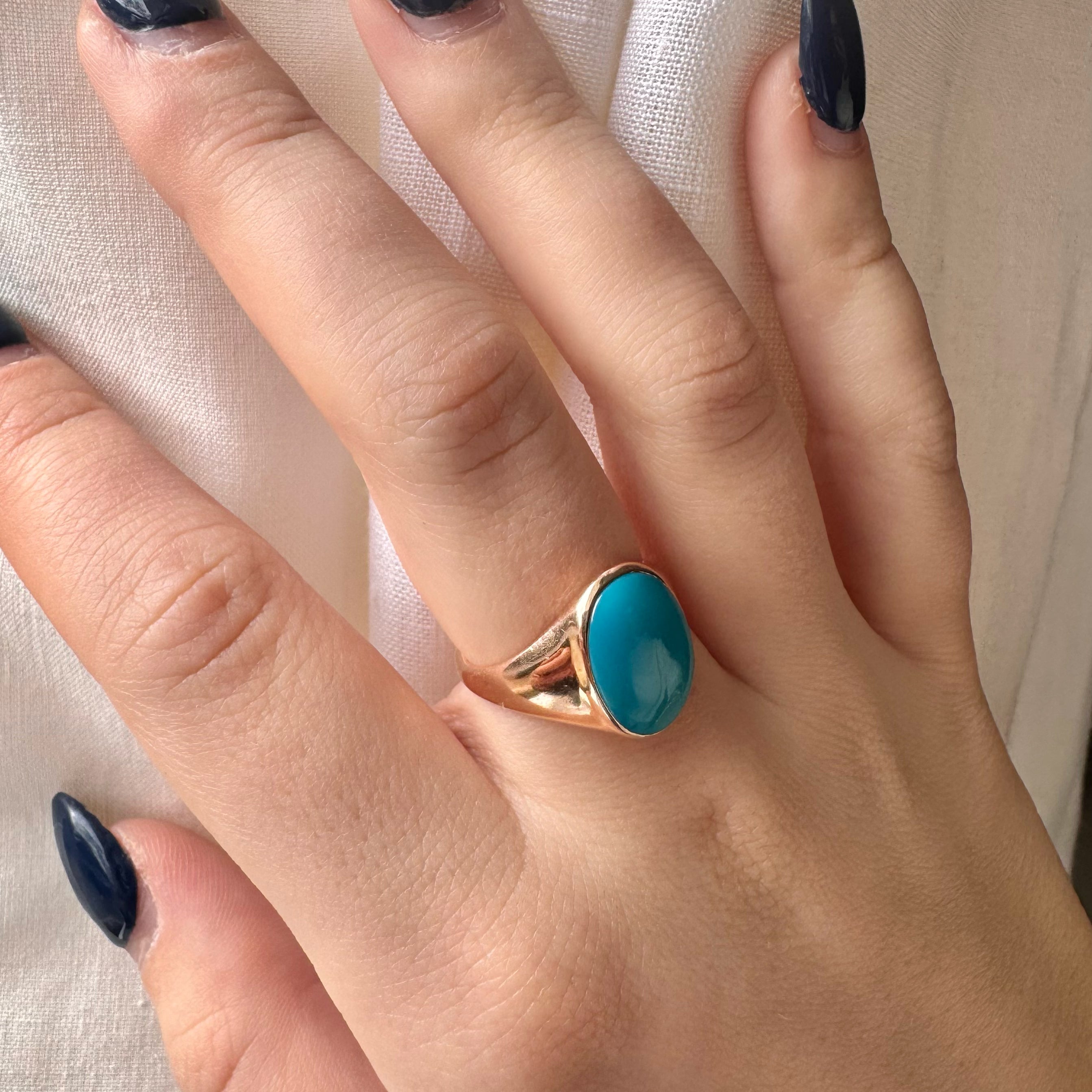 14K Rose Gold Turquoise Signet Ring - size 7