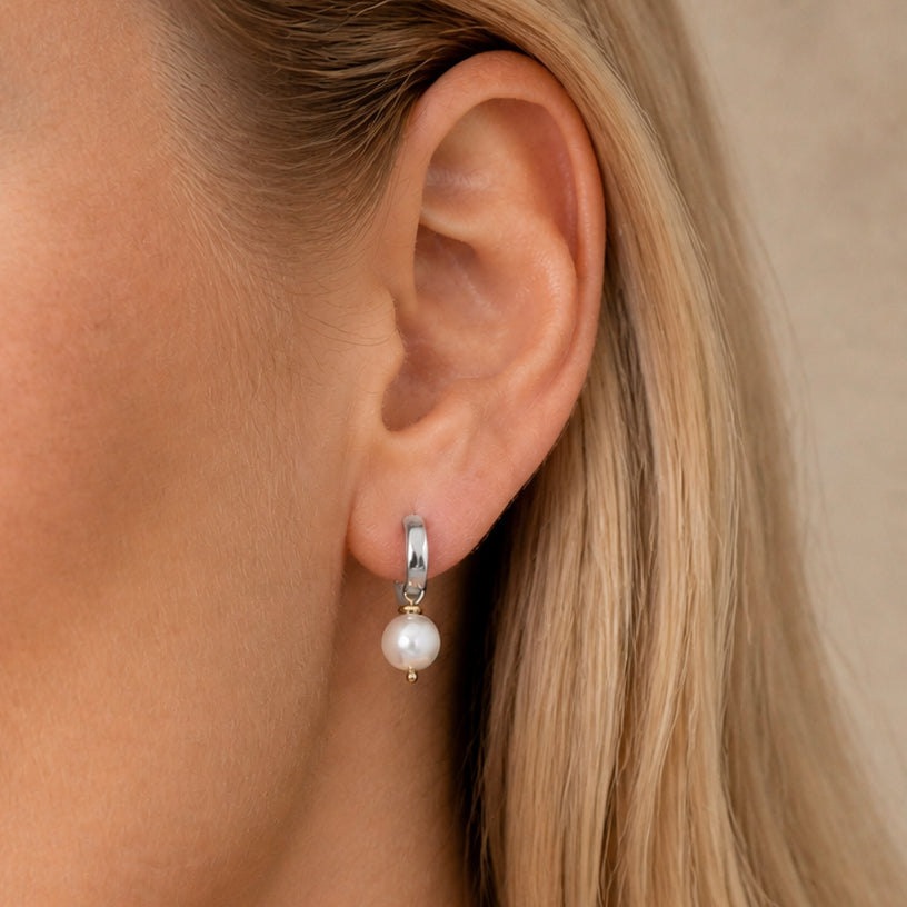 14K White Gold Hoops with Pearl Dangles