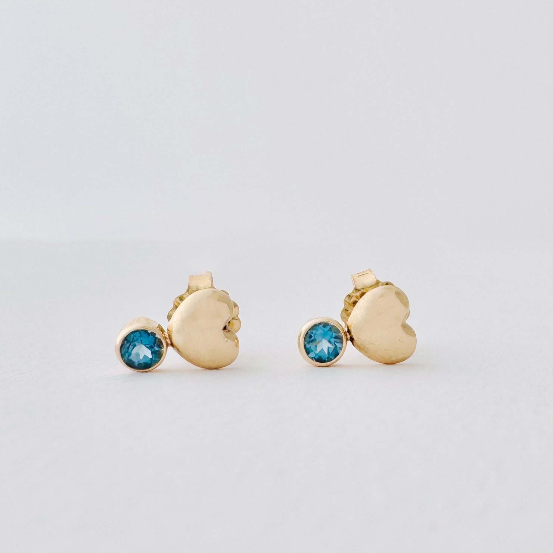 14K Yellow Gold Puff Heart & London Blue Topaz Stud Earrings