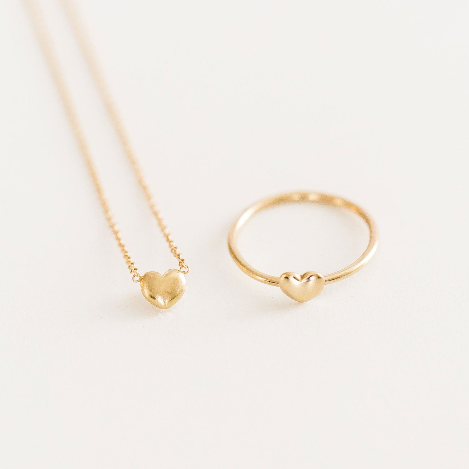 14K Puff Heart Necklace + Ring Set