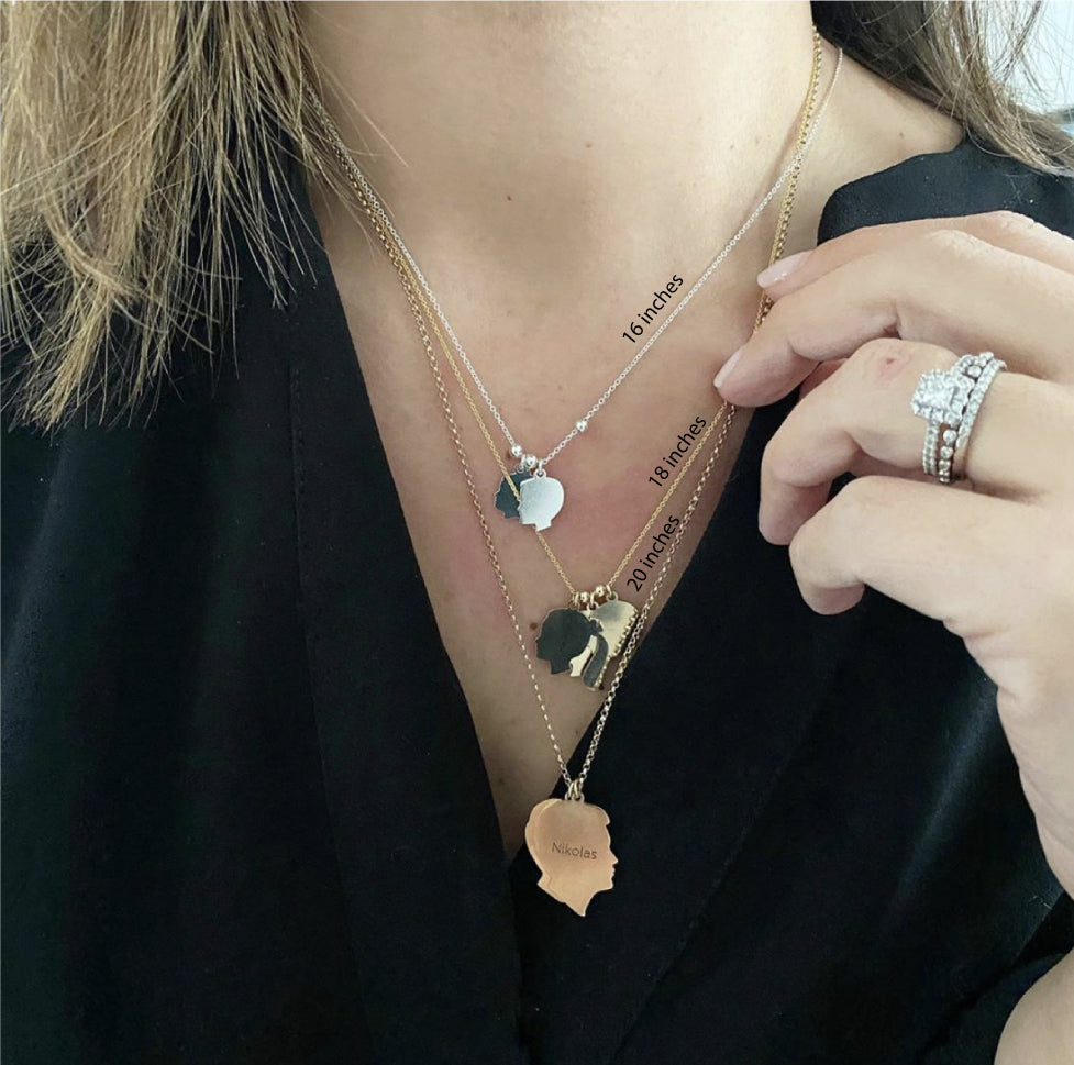 Silhouette Charm Necklace in 3 sizes: tiny, medium and large in verious lengths.